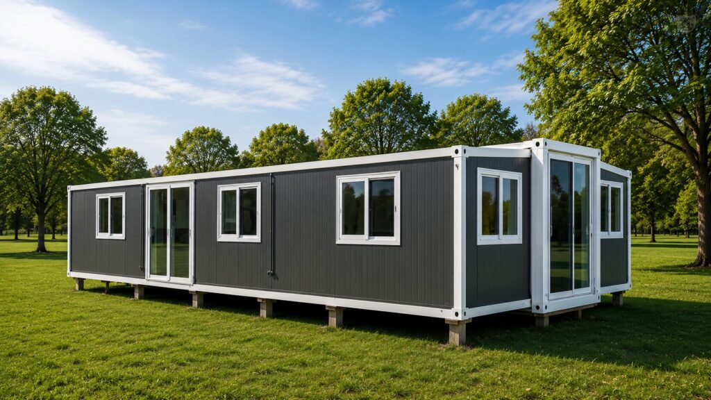 Modern expandable prefabricated tiny house with 3 bedrooms, living room, kitchen, bathroom, sleek exterior, and double-wing modular container home design.