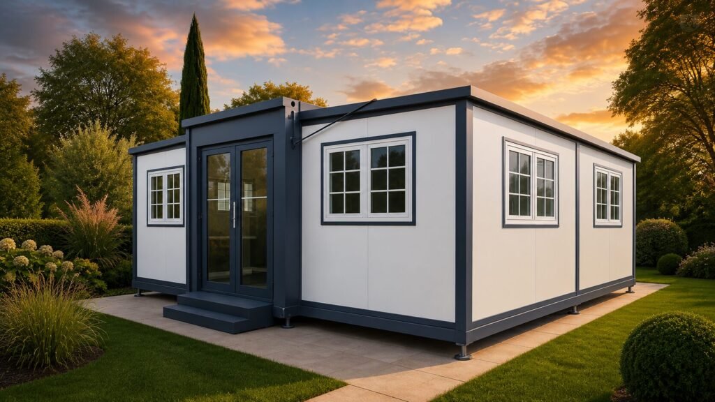 White expandable prefabricated tiny house with double-wing modular structure, large glass doors, two bedrooms, living room, kitchen, and bathroom designed for modern portable living.