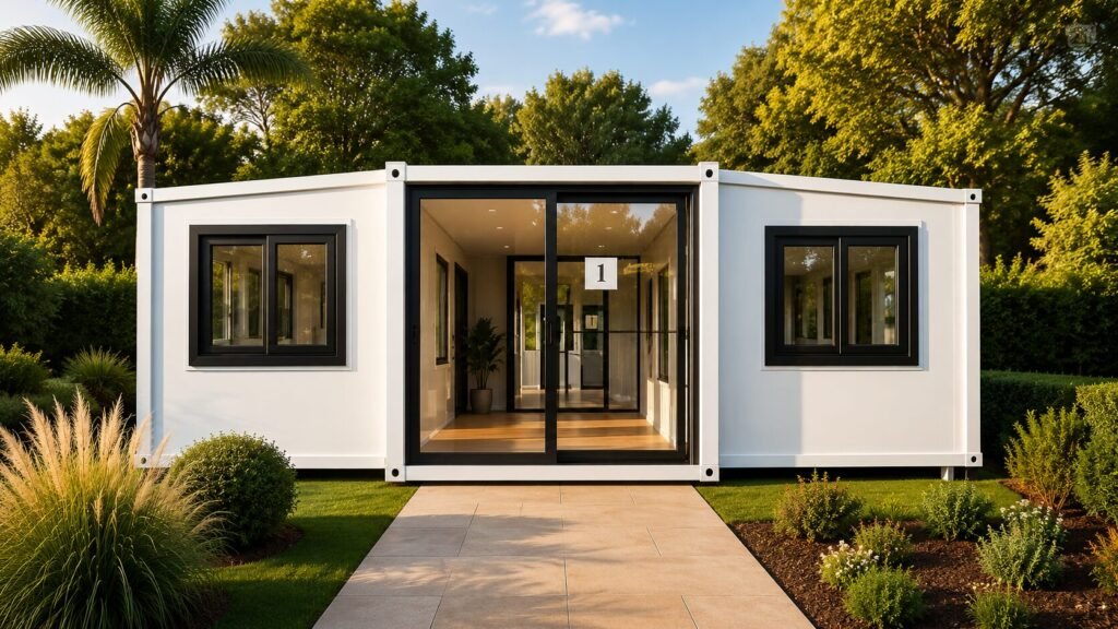 White expandable prefabricated tiny house with double-wing modular structure, large glass doors, two bedrooms, living room, kitchen, and bathroom designed for modern portable living.