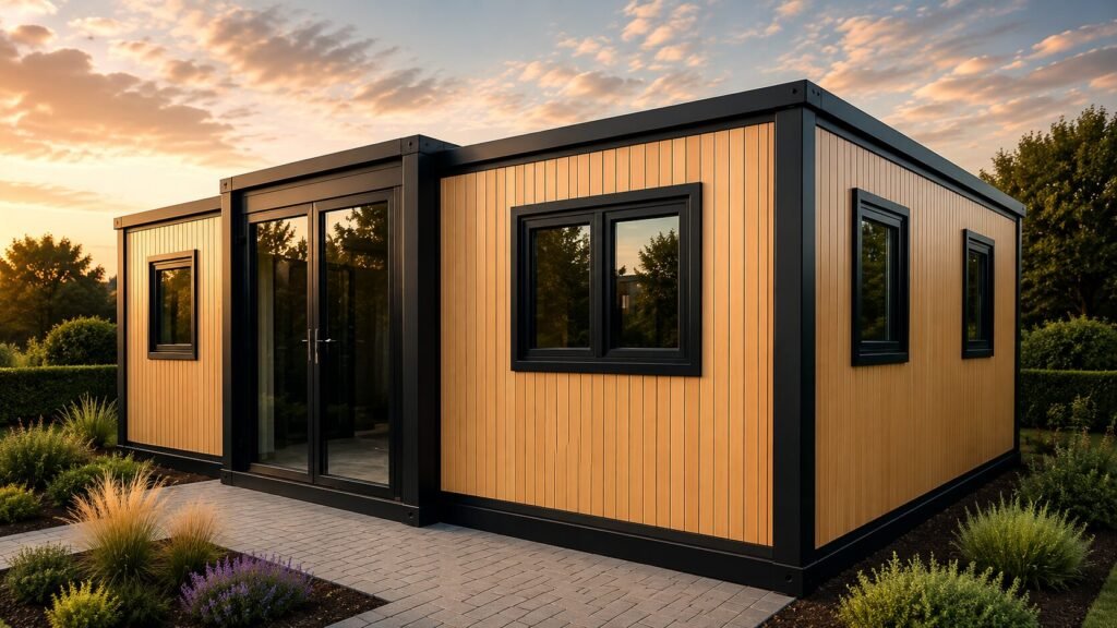 Brown modern expandable prefabricated tiny house with double-wing expansion system, large glass entry doors, compact kitchen, bedroom, and bathroom designed for portable residential living.