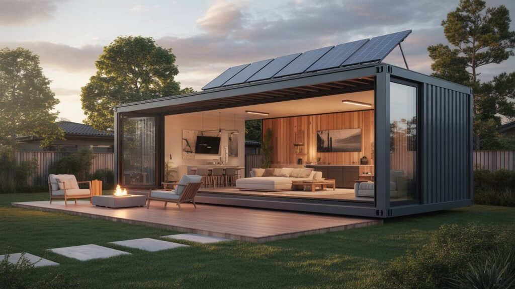 A high-end 2026 portable prefab house with glass bifold doors and solar panels in a modern US backyard.