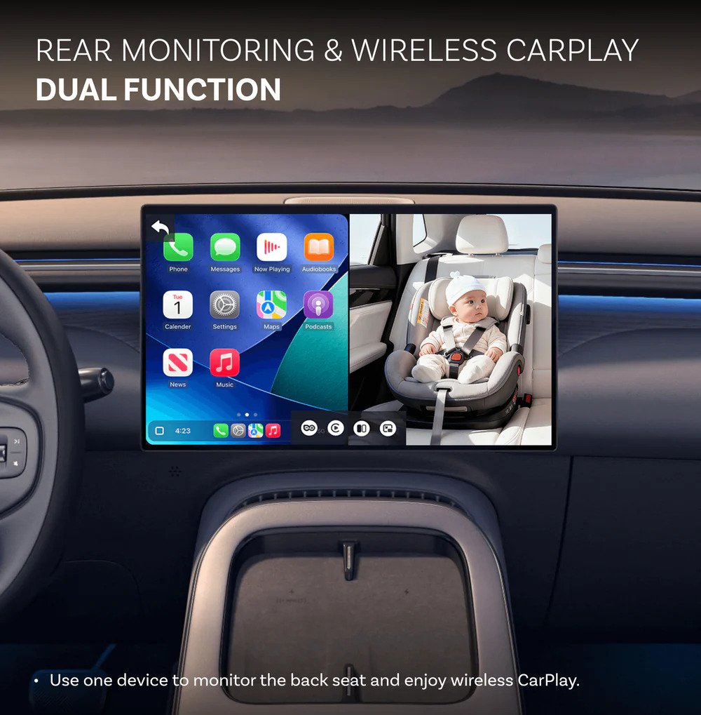 Rear monitoring system with wireless CarPlay display for safe driving and seamless smartphone integration