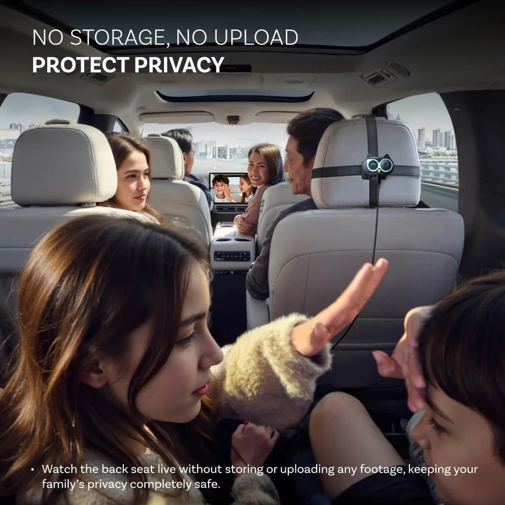 Car rear seat live view monitoring system showing real-time back seat video feed for safety and security