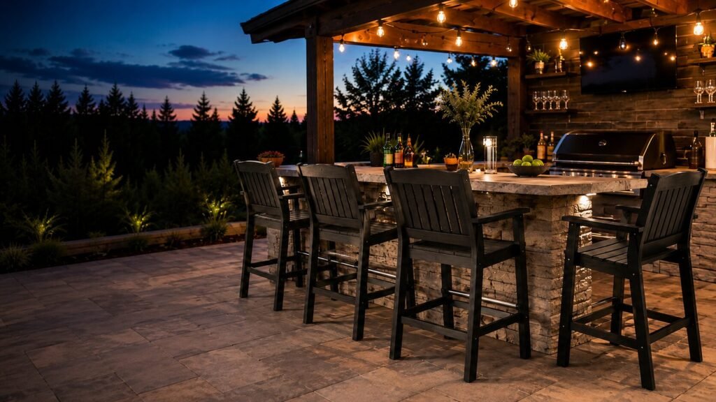 Serwall outdoor bar furniture set with HDPE bar stools and high-top table on a modern backyard patio