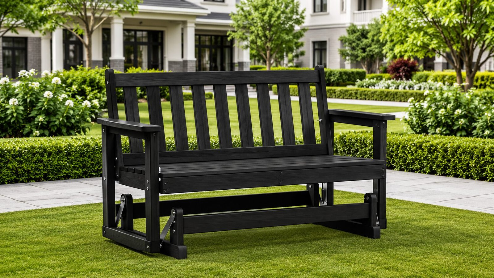 Serwall outdoor porch swing, glider, and bench made from all-weather HDPE material in a peaceful garden setting