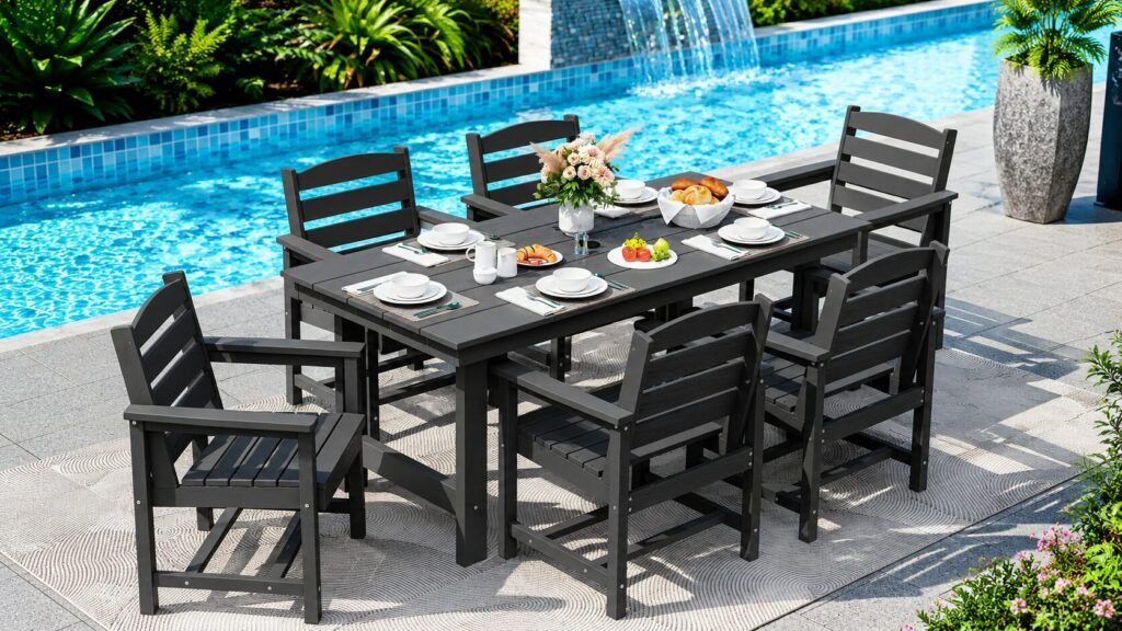 Serwall outdoor dining furniture all-weather patio dining set on modern deck