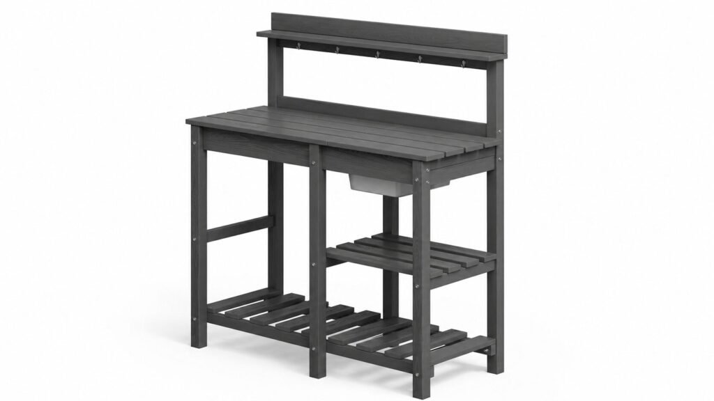 Serwall HDPE outdoor planter boxes and potting bench in a modern backyard gardening space