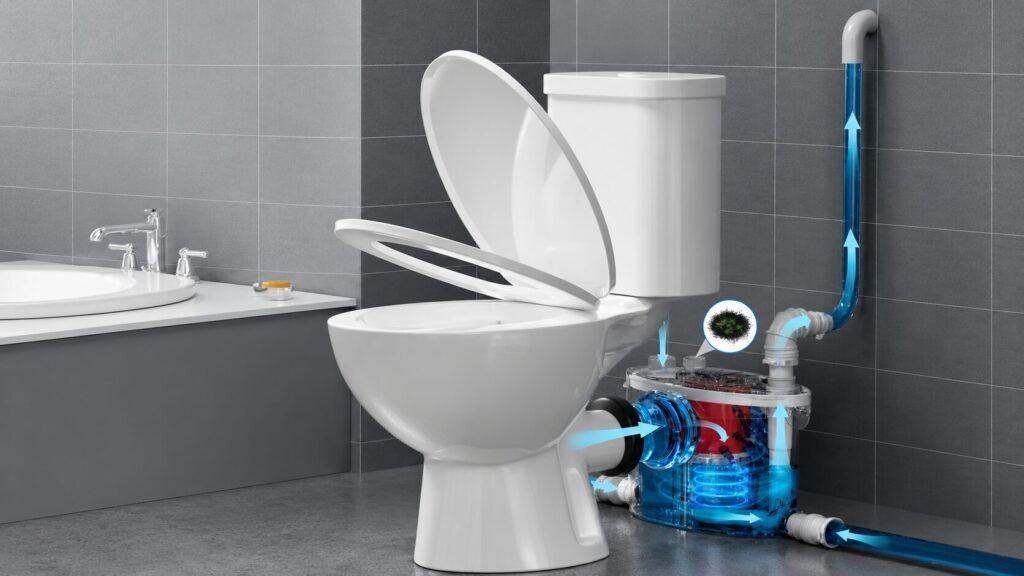 SNFLEX two-piece 750W upflush macerating toilet with powerful pump system for basement and compact bathroom installations.