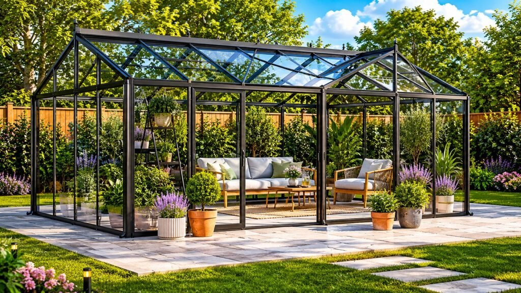 T-Model Greenhouse Orangery with aluminum frame, tempered glass walls, and spacious modern backyard design