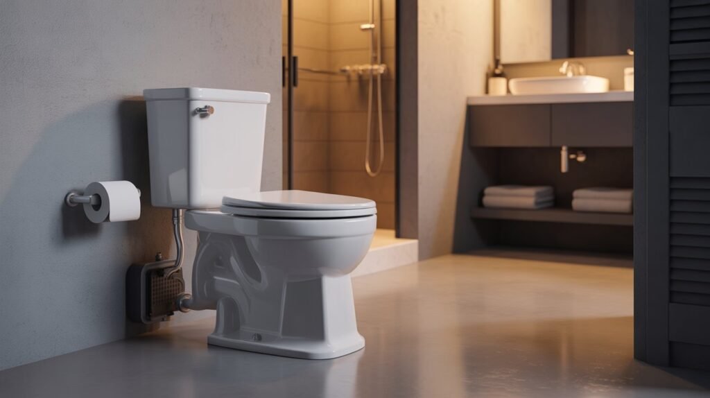 SNFLEX 750W upflush macerating toilet installed in modern basement bathroom renovation, showing compact toilet and pump system, USA home improvement 2026