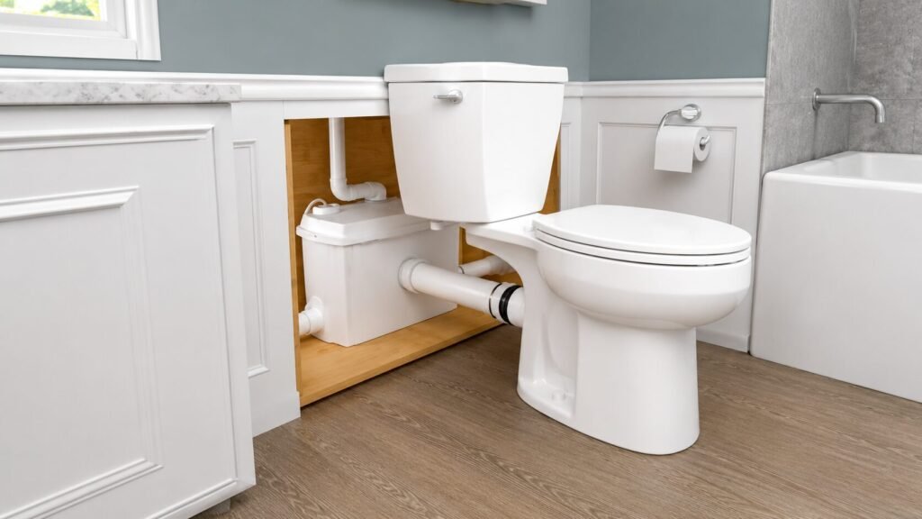 Comparison diagram showing an upflush toilet system and a below-floor sewage ejector system layout for residential bathroom plumbing installations.