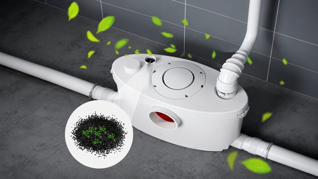 Vent-free macerating toilet system using activated carbon filters for odor control in basement and compact bathroom installations.