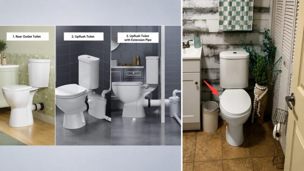 Modern upflush toilet with macerating pump system installed behind the toilet in a stylish bathroom for basement and compact space plumbing solutions.