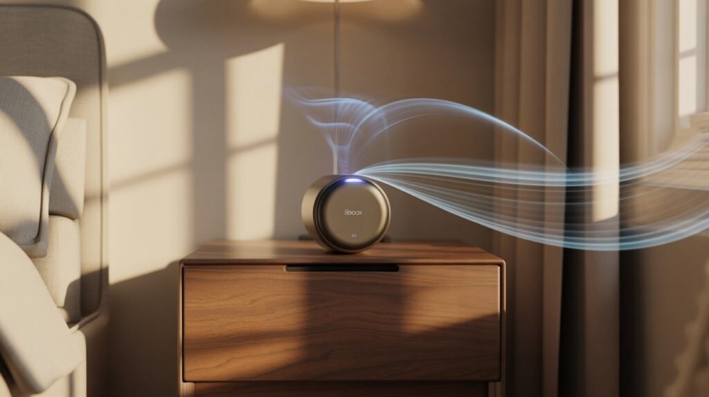 A high-resolution lifestyle shot of the sleek, white Ionbox 20m air ionizer on a modern walnut nightstand in a sunlit US apartment, featuring ethereal blue wisps representing the 20 million negative ions per second that neutralize dust and pet dander.