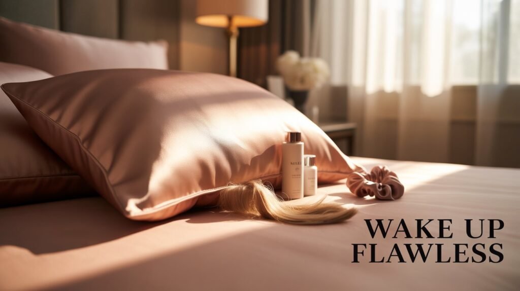 Rose gold 100% mulberry silk pillowcase on a white luxury bed at sunrise with golden light, smooth 22 momme silk texture visible, skincare bottles and silk scrunchie beside pillow, beauty sleep concept focused on anti-frizz hair and wrinkle prevention.