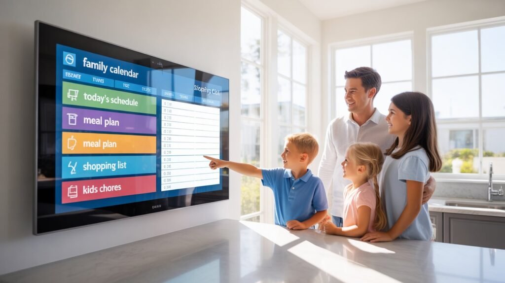 Apolosign 27 inch 4K digital family calendar wall display showing clear schedules, chores, and meal planning dashboard in a modern smart kitchen
