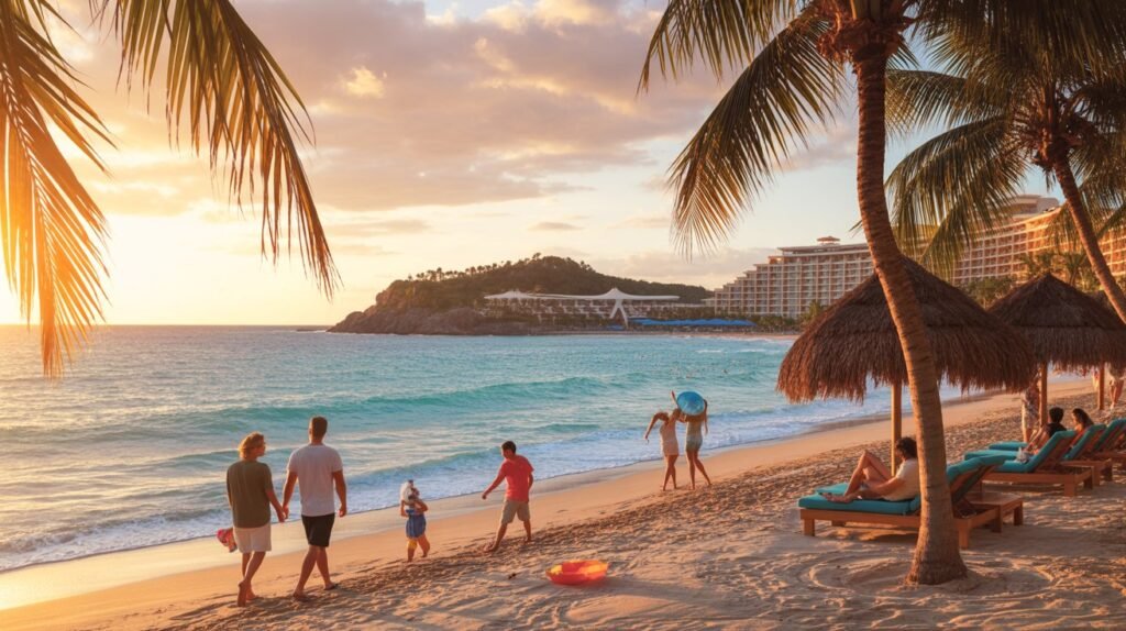 Sunset on the white-sand beach at the Azul Ixtapa all-inclusive resort in Mexico, with families and couples enjoying golden-hour light, palm trees lining the shore, and turquoise Pacific water.