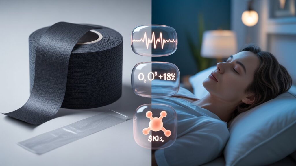 Close-up of a person using PATCH4U hypoallergenic cotton mouth tape during sleep to promote nasal breathing and improve oxygen uptake.