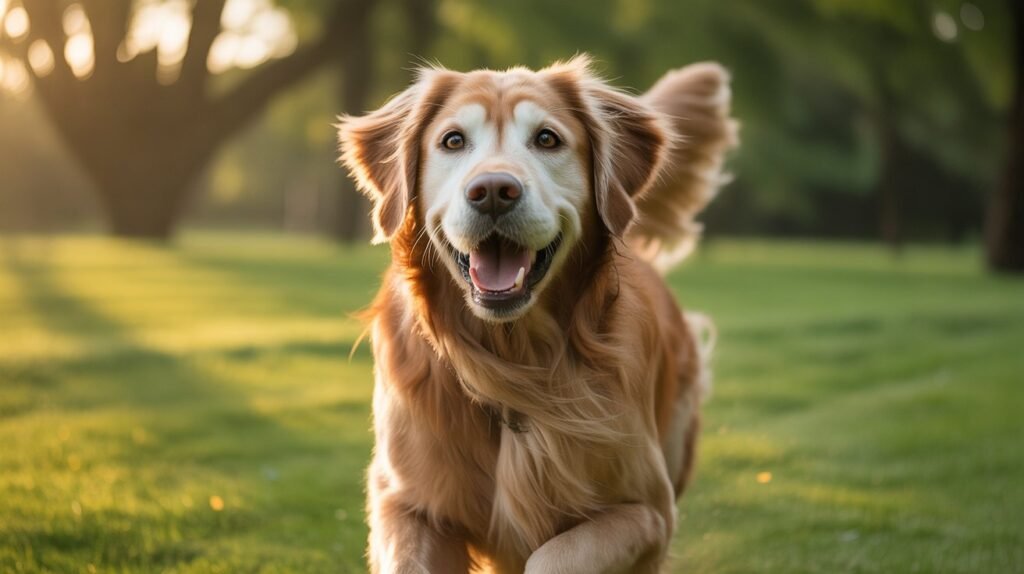 A happy senior dog running in a park showing vitality and health from the best senior dog supplements in 2026.
