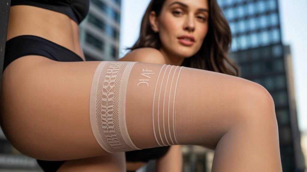A close-up of Kix'ies stay-up thigh-high stockings highlighting the wide silicone grip band that prevents slipping and muffin tops on a curvy thigh.
