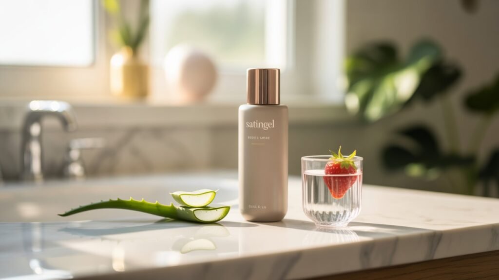 A sleek bottle of SatinGel water based personal lubricant on a clean bathroom vanity with fresh aloe vera, representing body-safe intimate care.