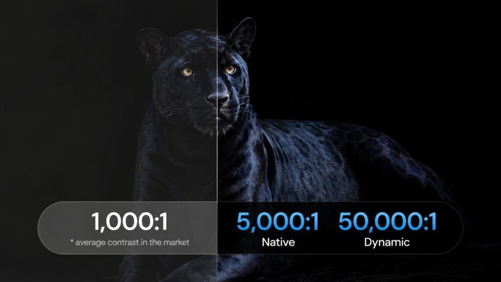 A black panther displayed in a high-contrast comparison image, illustrating differences between standard, native, and dynamic contrast ratios on a dark background.