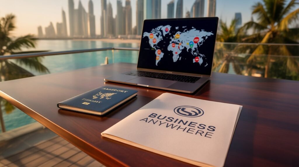 A laptop and passport on a desk with a global city view, representing the $535 Business Anywhere tax and residency consultation for digital nomads.