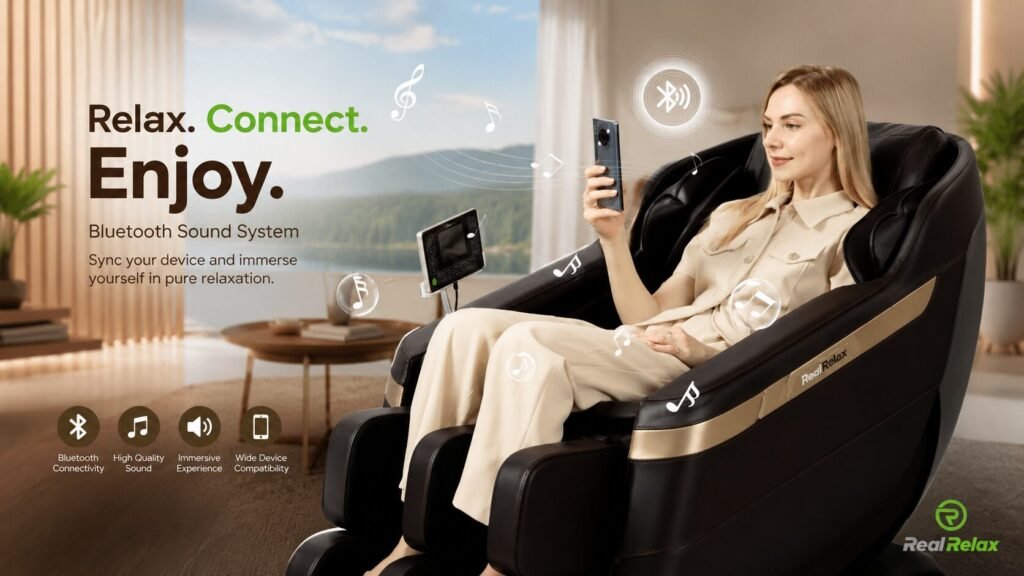 User connecting a smartphone via Bluetooth to a Real Relax massage chair for wireless music streaming.