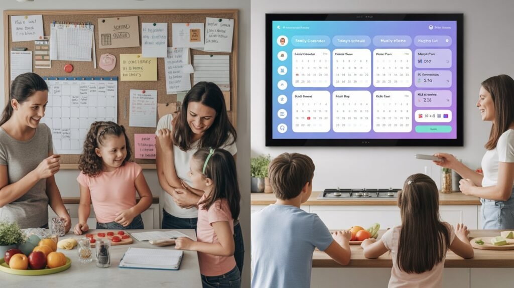 Problem vs solution illustration showing messy paper calendars replaced by a smart digital family calendar wall display organizing schedules and chores