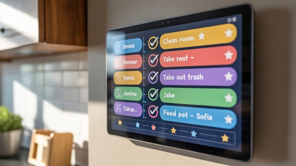 digital chore chart on smart family calendar showing tasks for kids