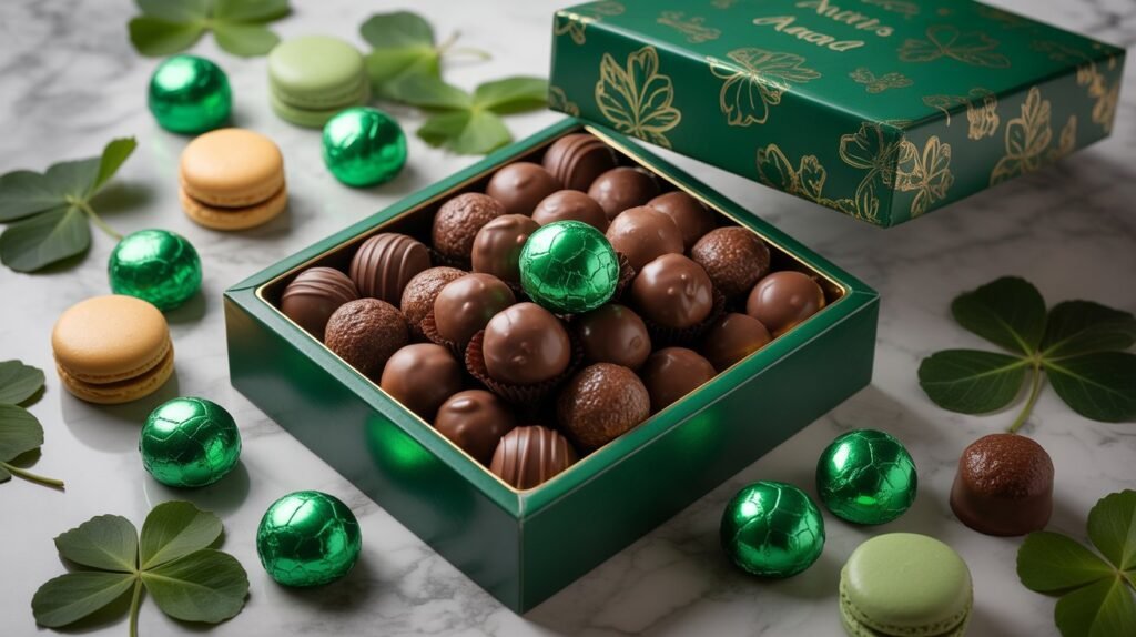 Gourmet Andy Anand Belgian chocolate mint malt balls and truffles for easy St. Patrick’s Day desserts on a festive green and gold table.