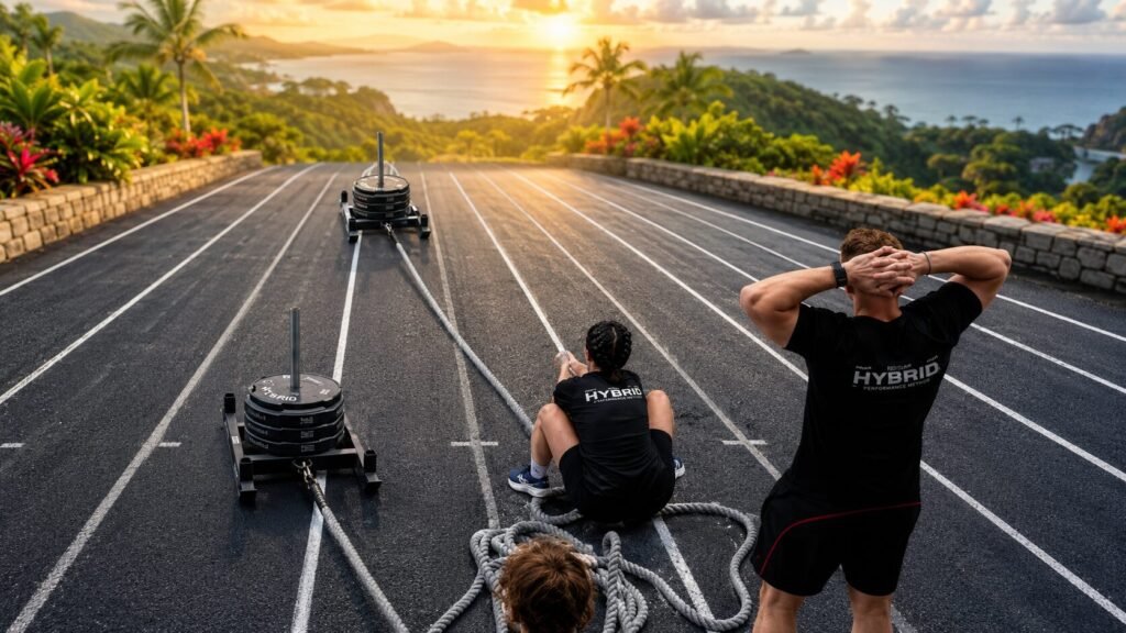 Elite HYROX athlete performing a rope pull using full bodyweight leverage, leaning back with a strong athletic stance, engaged core, and powerful hand-over-hand pulling technique.