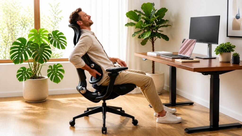 Man sitting comfortably in an ergonomic office chair leaning back at a standing desk in a bright home office with indoor plants