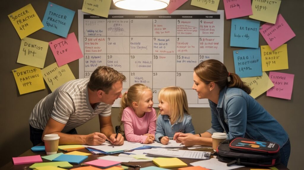 busy family trying to manage schedules with sticky notes and paper calendar