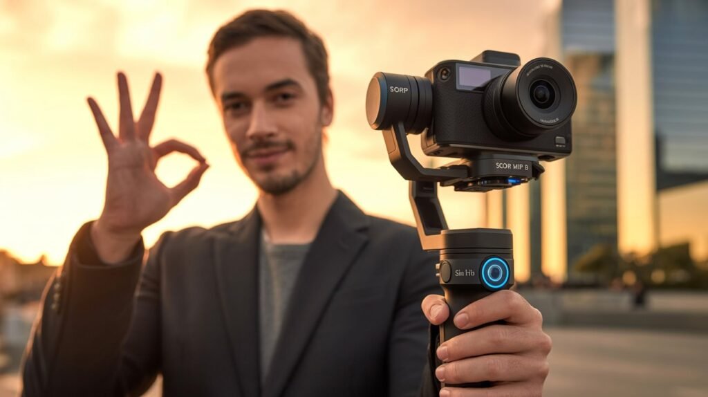 A professional solo creator using the Feiyu SCORP Mini 3 Pro gimbal with AI Tracking 4.0 and a mirrorless camera to film a cinematic vlog.