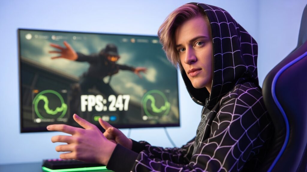 gamer wearing spiderweb hoodie at an RGB gaming setup with high FPS on screen