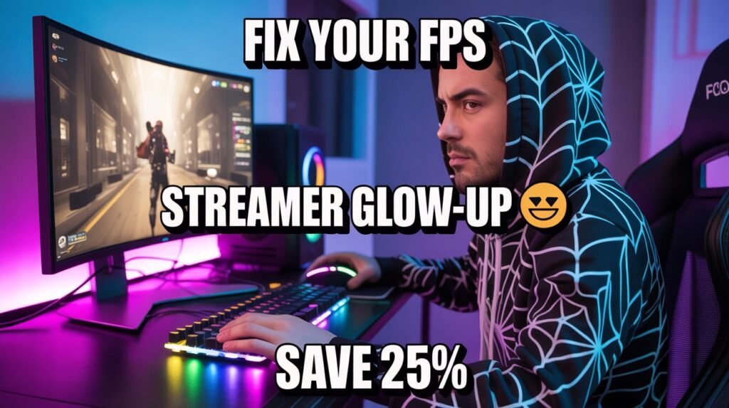 gamer wearing spiderweb gaming hoodie at RGB streaming setup showing high FPS gaming performance