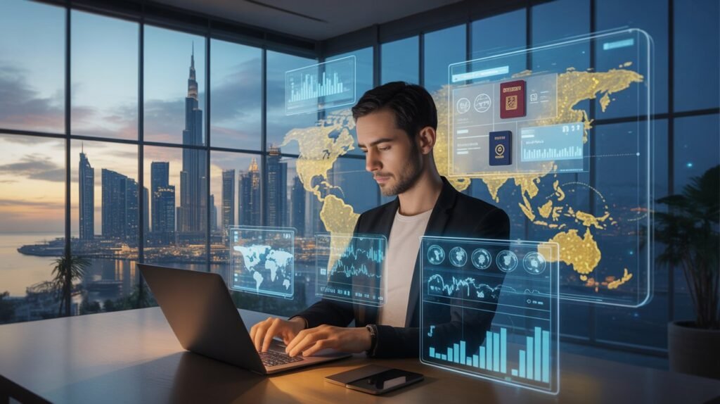 Global entrepreneur working remotely with digital tax strategy dashboard, representing international residency planning, digital nomad business setup, and global tax optimization.