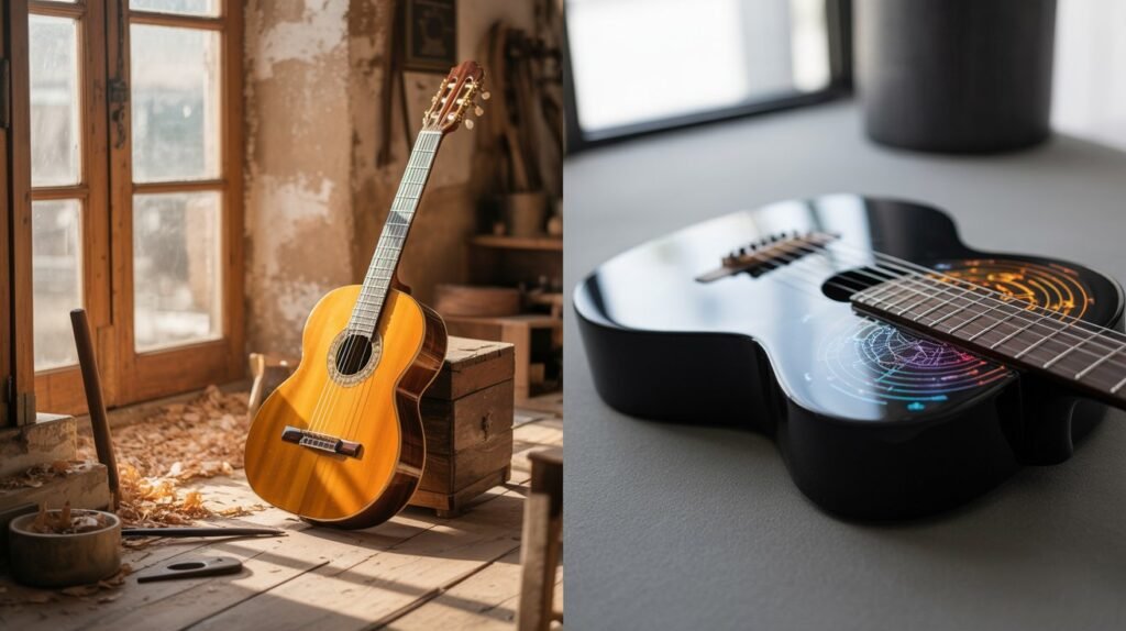 A split-view of an ancient Antonio Torres classical guitar and a modern guitar with AR digital overlays, showcasing the guitar learning evolution .