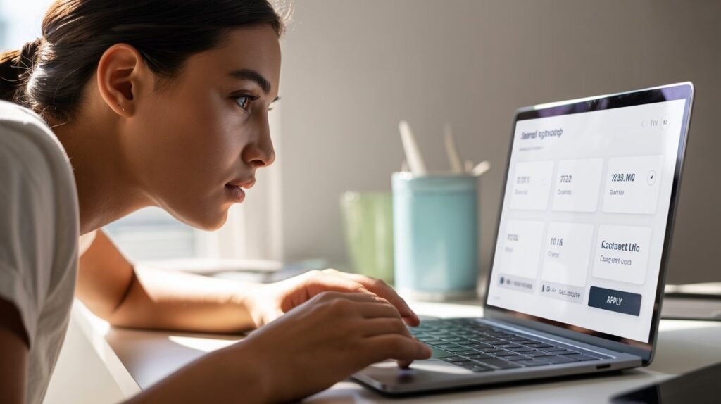Student using a laptop with a scholarship-matching dashboard open