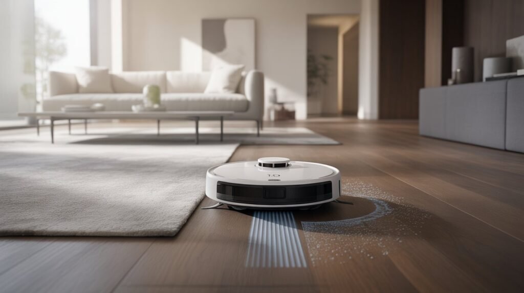 A Honiture T10 robot vacuum cleaning a modern American living room, showcasing its 6000Pa suction and ultra-slim LiDAR design.