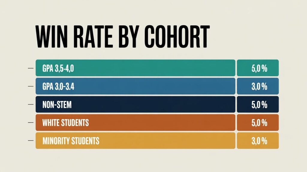 Infographic chart of scholarship win rates by GPA, major, and demographic
