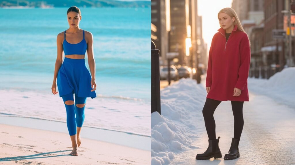 Vertical split screen: woman in royal blue swim dress on Hamptons beach and poppy red thermal tunic on snowy NYC street.