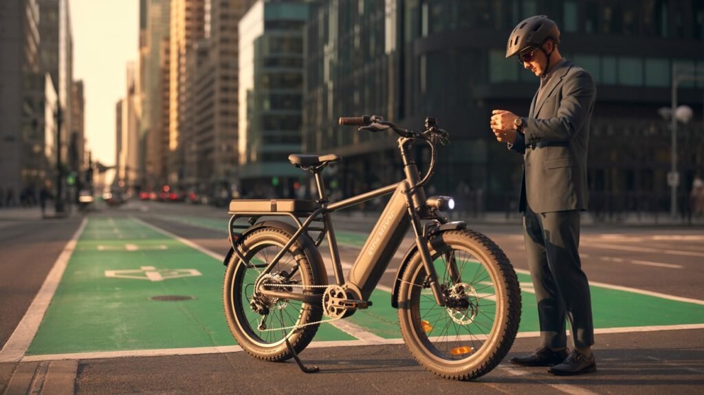A Kingbull Voyager 2.0 electric bike parked in a modern 2026 urban bike lane, highlighting its fat tires and dual-battery system for long-range commuting.