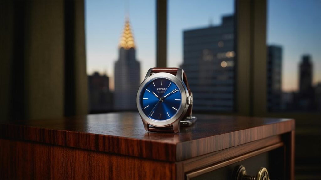 A high-resolution close-up of the KNOPF NY-405 Blue Steel automatic watch on a mahogany desk, showcasing its multi-layered sunray dial and 316L stainless steel case with the Chrysler Building spire visible in a blurred Manhattan background.