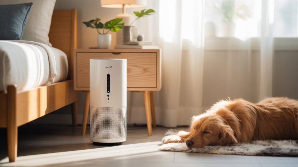White Levoit Core 300-P air purifier on a bedside table in a modern home, showing its compact design and HEPA filtration for removing pet hair and dust allergens .