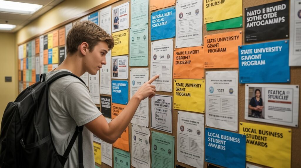 High school guidance office board with local scholarship opportunities

