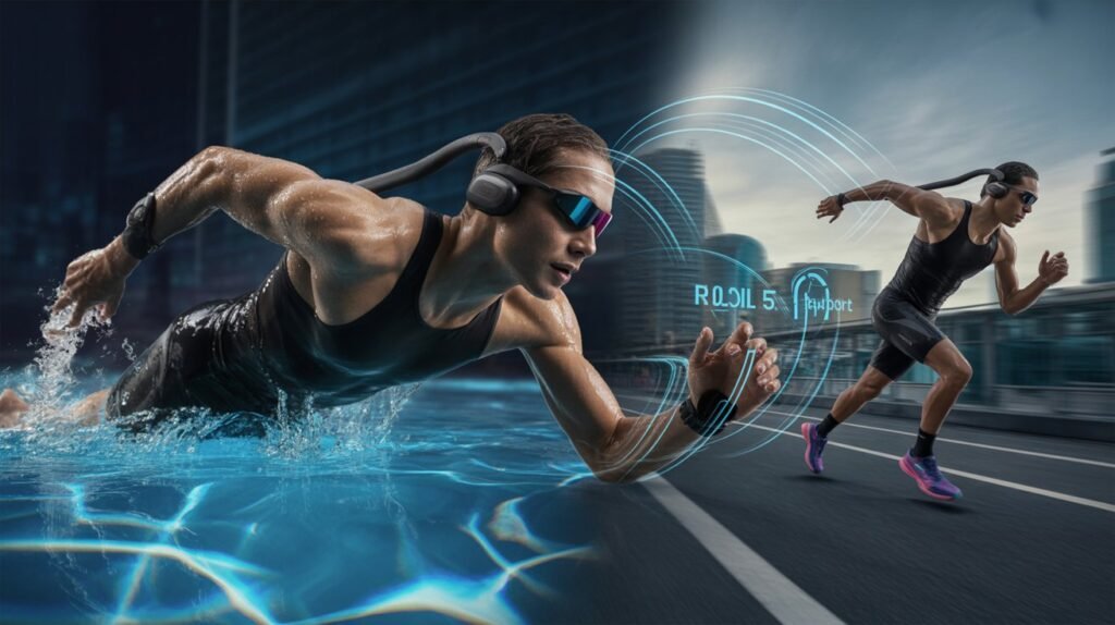 Pro triathlete wearing Mojawa HaptiFit Terra bone conduction headphones while swimming and running to demonstrate IP68 waterproofing and 4D audio.