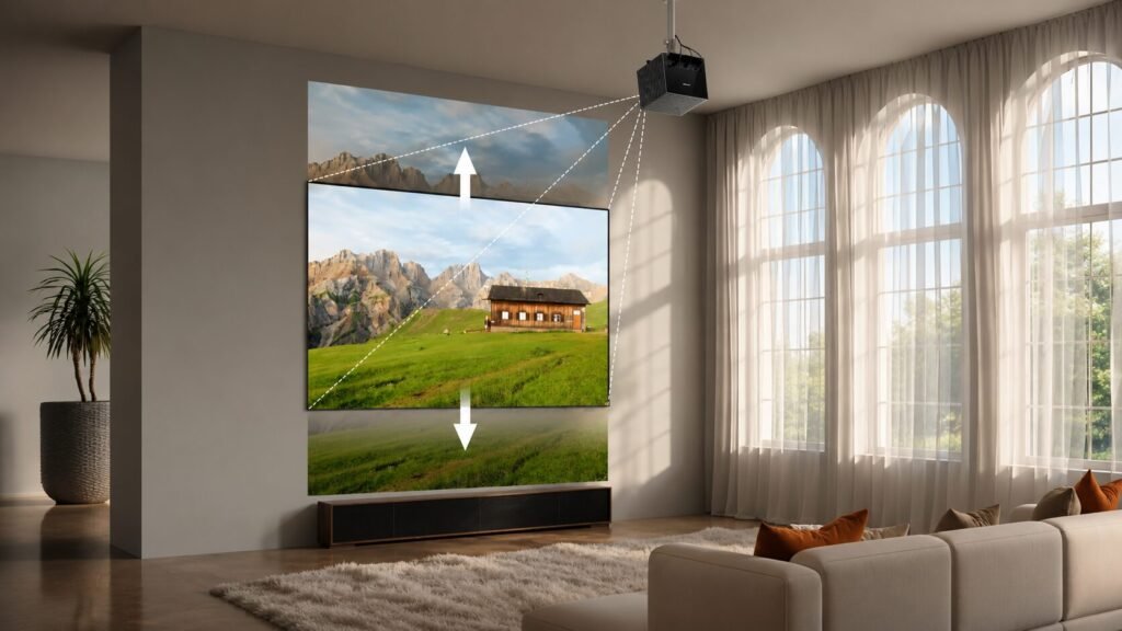 Projector demonstrating motorized vertical lens shift adjusting image position on screen without keystone distortion or loss of 4K resolution.
