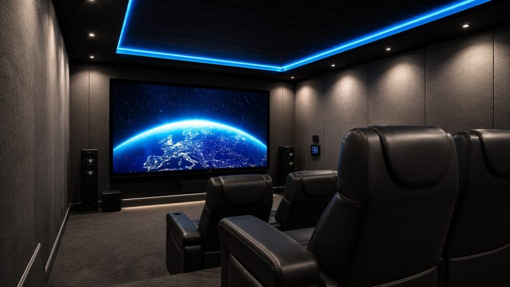 Modern home theater featuring a 4K laser projector, large projection screen, surround sound, and optimized room lighting.